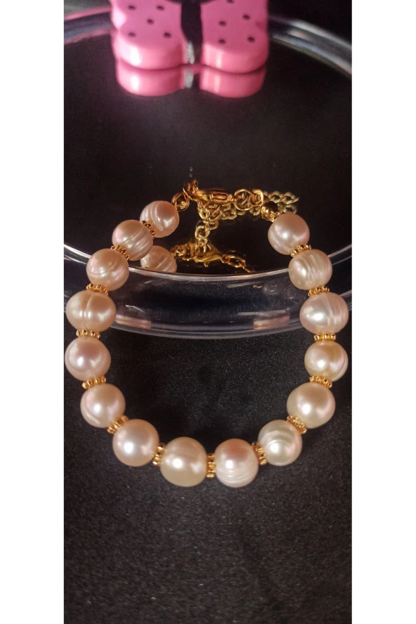 İnci Mode 24k Altın Kaplama İnci Somon Renk Ara Detaylı Tasarım Bileklik - Resim 2