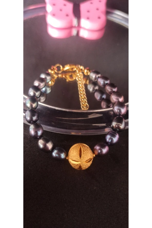 İnci Mode 24K Altın Kaplama Siyah Gerçek İnci Tasarım Bileklik - Resim 2