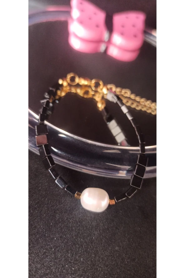 İnci Mode 24k Altın Kaplama Doğal Gerçek İnci ve Hakiki Hematit Tasarım Bileklik - Resim 2