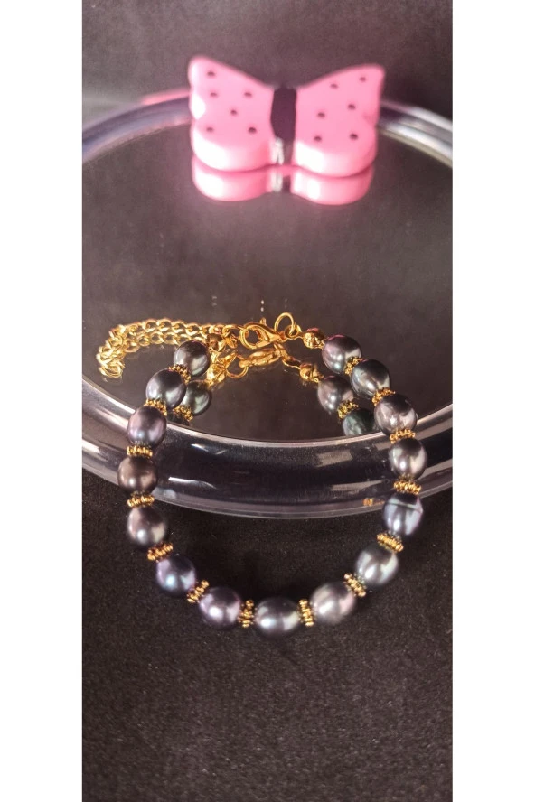 İnci Mode 24k Altın Kaplama Hakiki İnci Siyah Renk Ara Detaylı Tasarım Bileklik - Resim 2