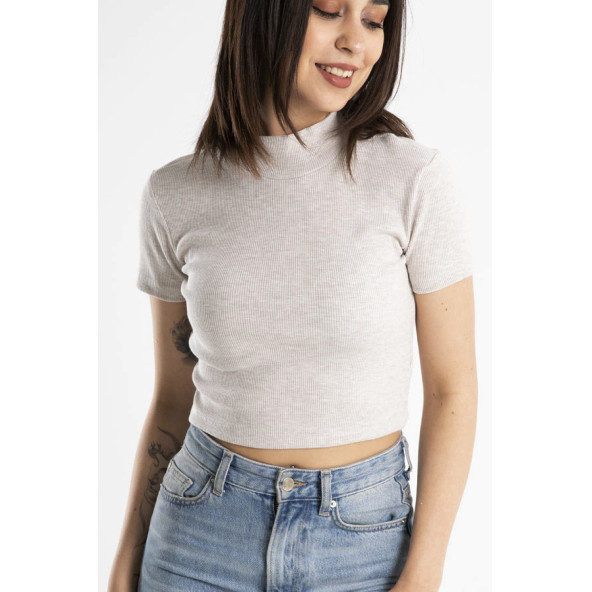 Kadın Yarım Balıkçı Kaşkorse Kısa Kollu Bej Crop Top