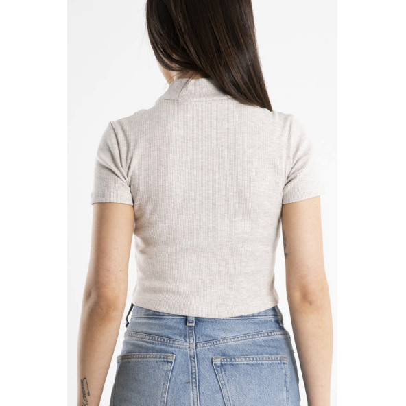 Kadın Yarım Balıkçı Kaşkorse Kısa Kollu Bej Crop Top - 2