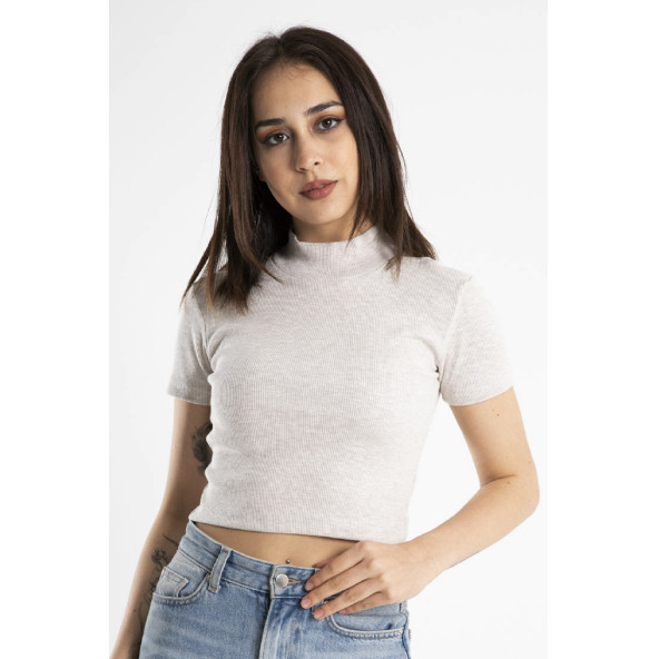 Kadın Yarım Balıkçı Kaşkorse Kısa Kollu Bej Crop Top - 3