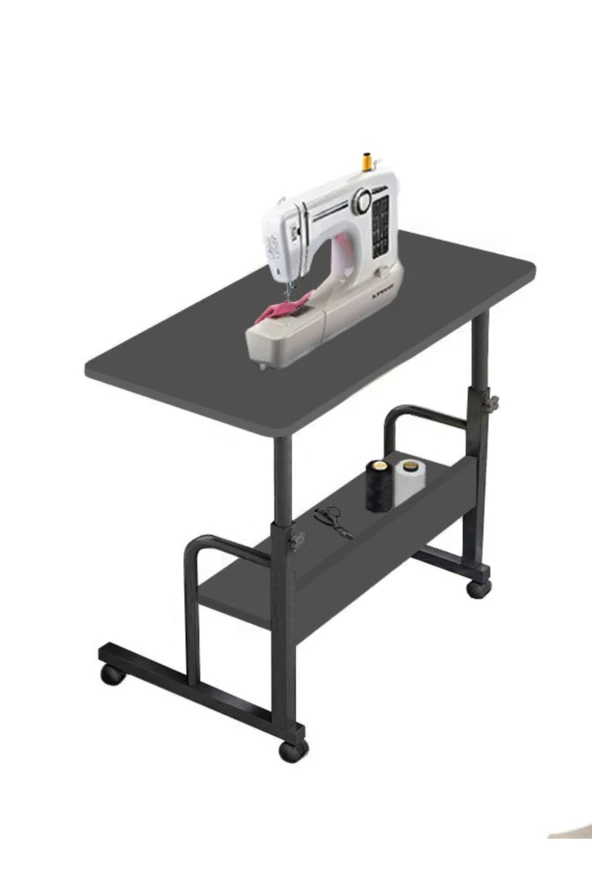 servetavcı Yükseklik Ayarlı Dikiş Makinesi Sehpası - Antrasit (Frenli Tekerli) 70X40 Oval Kenar