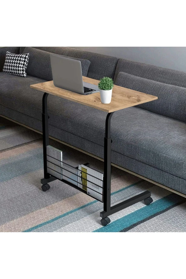 servetavcı Kitaplıklı Ve Yükseklik Ayarlı Laptop Sehpası Ve Çalışma Masası - Atlantik Çam (Tekerli) Oval Kenar