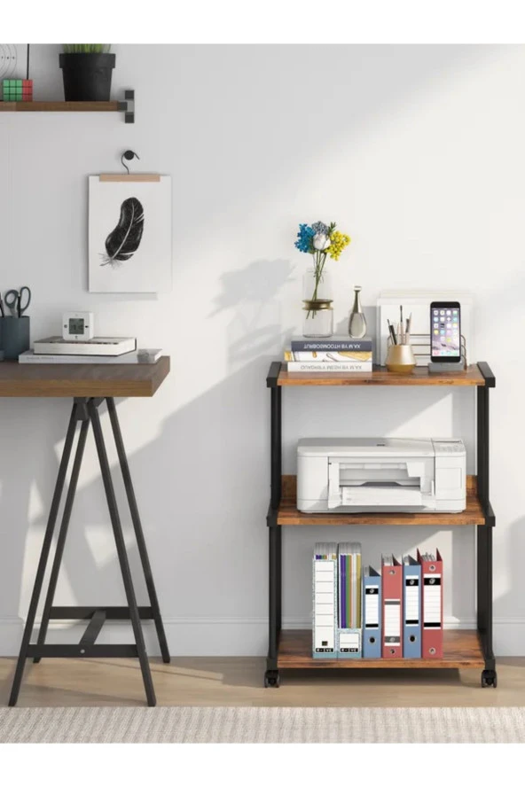 servetavcı Raflı Yazıcı Sehpası - Atlantik Çam 45X30 (Frenli Tekerli)