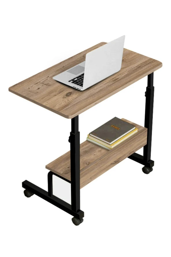 servetavcı Yükseklik Ayarlı Raflı Laptop Sehpası Ve Çalışma Masası - Ceviz (Tekerli) 70X40 Oval Kenar