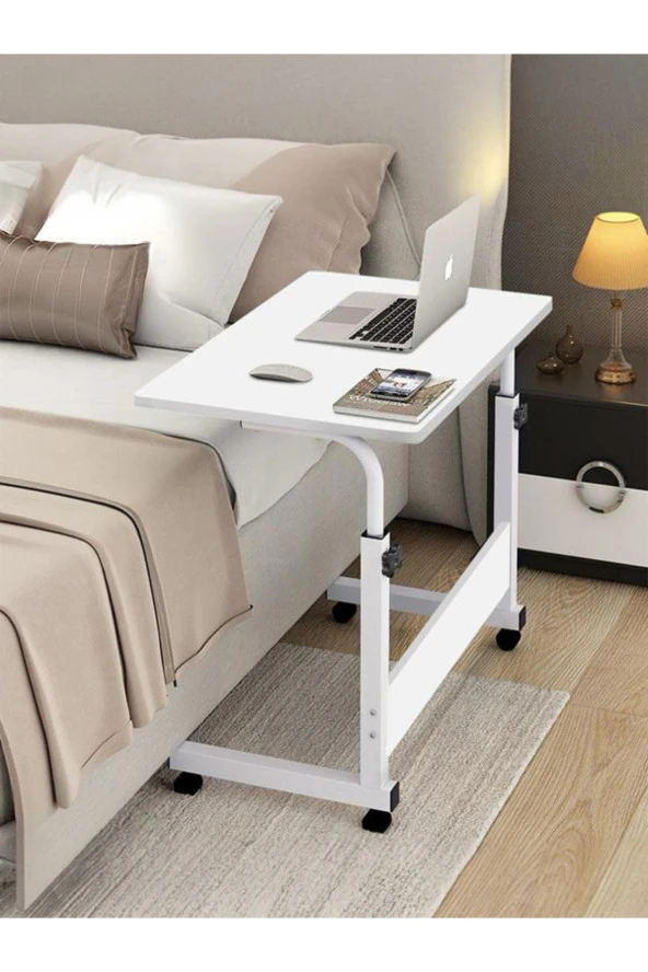 servetavcı Yükseklik Ayarlı Laptop Sehpası Ve Çalışma Masası - Beyaz (Tekerli) Oval Kenar - 70X40 - 2
