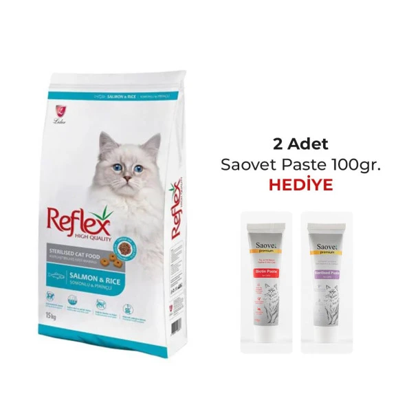Reflex Somonlu Kısırlaştırılmış Kedi Maması 15 Kg + 2 Adet Saovet Pasta 100 gr. Hediye