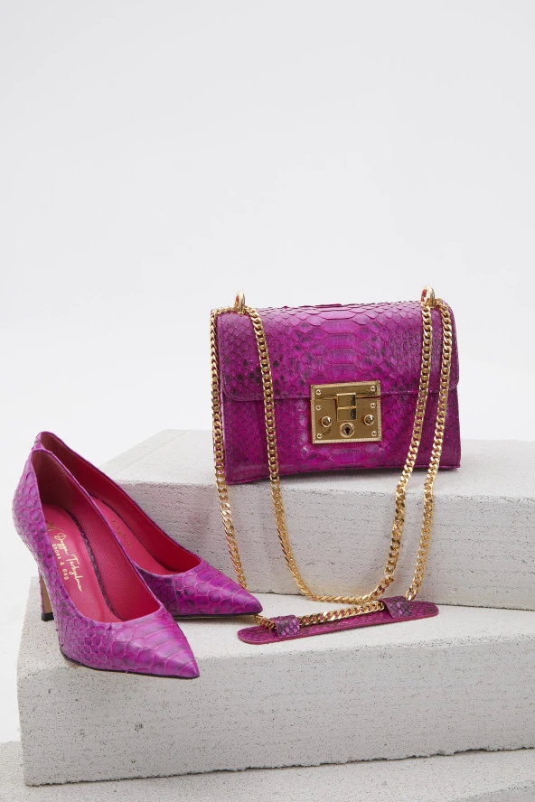 Duygushoesbag Fuşya Hakiki Yılan Derisi Stiletto - 2