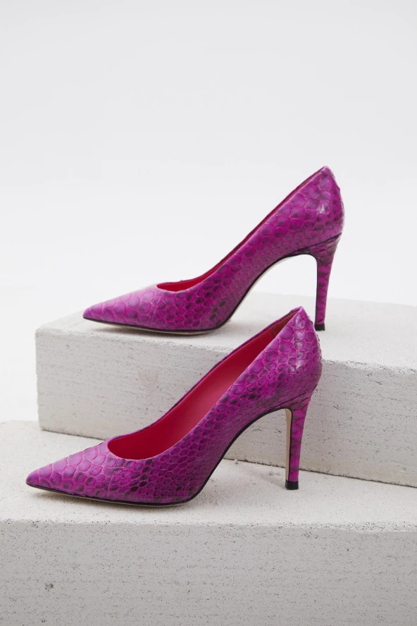 Duygushoesbag Fuşya Hakiki Yılan Derisi Stiletto - 4