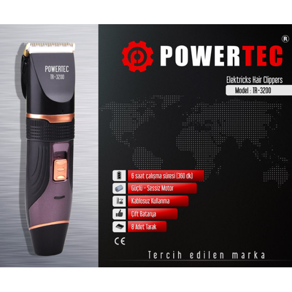 Powertec TR-3200 Kablosuz, Şarjlı Profesyonel Saç, Sakal, Ense, Vücut (Kesme-Düzeltme) Tıraş Makinası