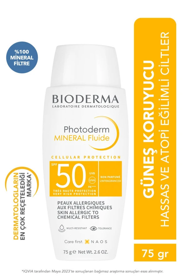 BIODERMA Photoderm Mineral Fluid SPF50+ Çok Hassas Ciltler için Yüksek Korumalı Yüz, Vücut Güneş Kremi 75 gr 3701129803721