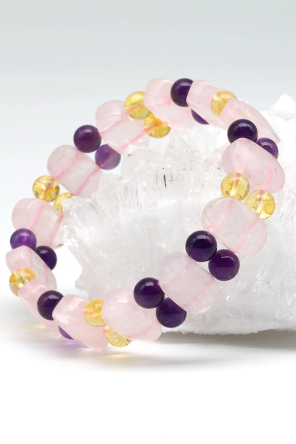 Pembe Kuvars - Sitrin - Ametist Doğal Taş Tasarım Bileklik ürün görseli