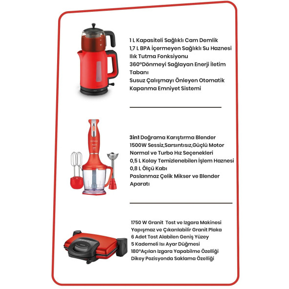 GOLDMASTER Yakamoz Elektrikli Mutfak Çeyiz Seti 3 Lü Evlilik Paketi Kırmızı - 8