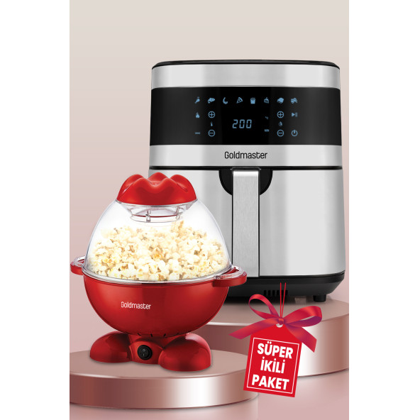 GOLDMASTER Avantajlı İkili Set 7 Litre İnox XXL Airfryer Sıcak Hava Fritöz Mısır Patlatma Pop Corn Makinesi