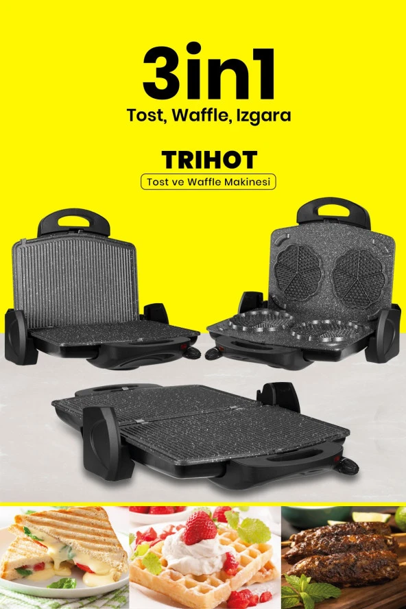 GOLDMASTER Trihot 3 In 1 Granit Çıkarılabilir Plakalı Waffle Izgara Tost Makinesi 6 Dilim Siyah