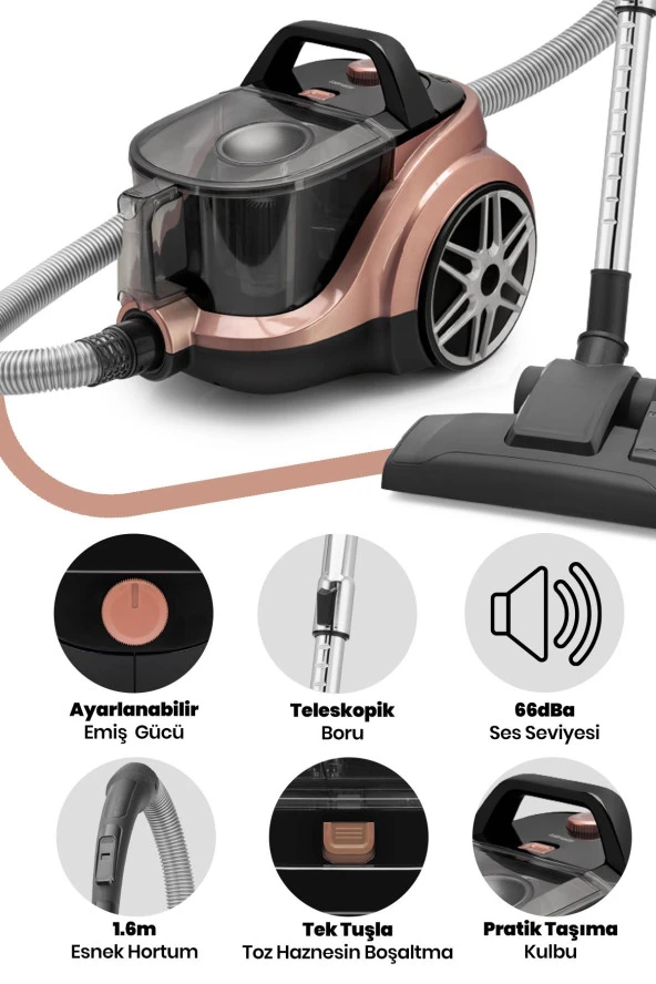 GOLDMASTER Goldpower Sessiz 2.5 Litre Kapasiteli Hız ve Emiş Güç Ayarlı Fitreli Toz Torbasız Elektrikli Süpürge