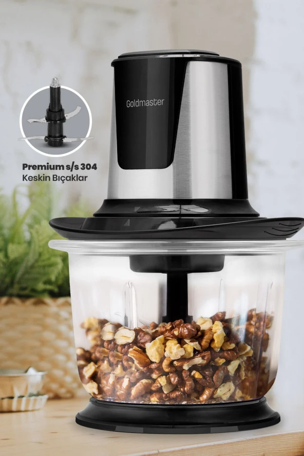 GOLDMASTER Chopperix İnox 1.5 Litre Büyük Cam Hazneli 4 Bıçaklı Paslanmaz Çelik Rondo Doğrayıcı GM7297