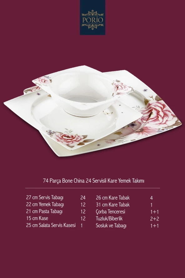 Porio Amore 74 Parça Bone China 24 Servisli 12 Kişilik Kare Porselen Yemek Takımı