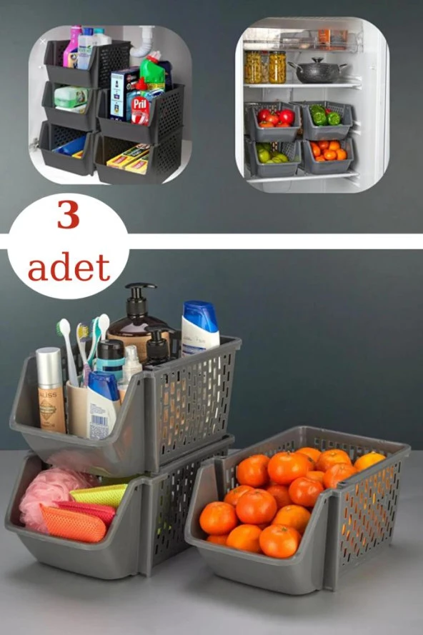 3 Katlı Ayrılabilir Mutfak Banyo Raf Düzenleyici, Buzdolabı Organizer, Toparlayıcı Sepet 3 Adet FÜME - 2