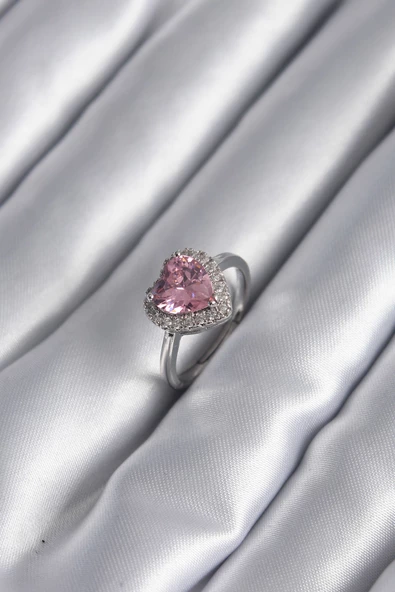 Pirinç Gümüş Renk Pembe Zirkon Taş Kalp Charm Model Kadın Yüzük - TJ-BYK2954 ürün görseli
