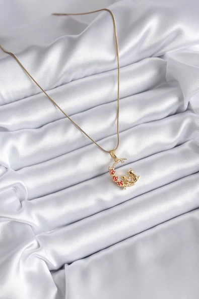 316L Çelik Gold Renk Hilal Kedi Model Zirkon Taşlı Detay Kadın Kolye - TJ-BKO8140 - 2