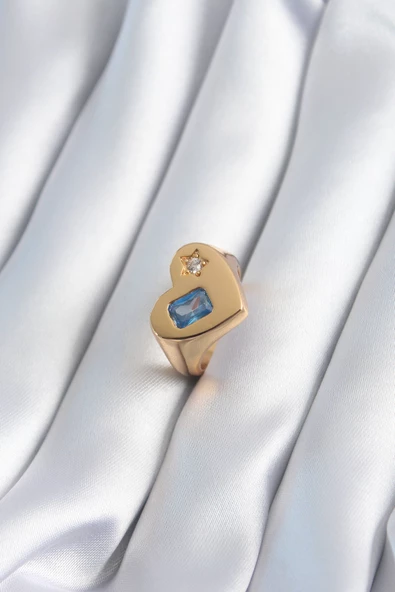 Pirinç Gold Renk Kalp Model Zirkon Taş Yıldız Detay Kadın Yüzük - TJ-BYK2895 ürün görseli