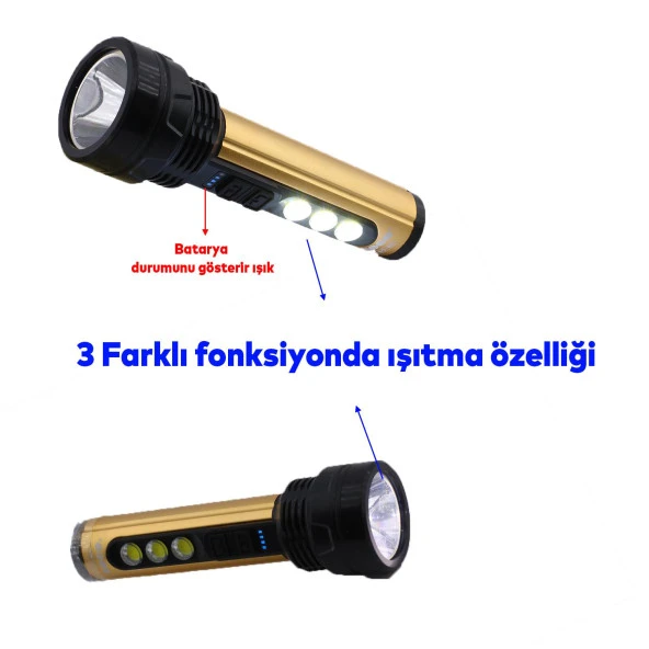 El Feneri Şarjlı Led Işıldak Kamp Lambası 1500 Mah Gece Aydınlatma 3 W 3 W Beyaz Işık - 2