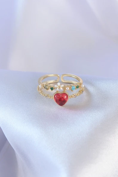 Gold Renk Kırmızı Zirkon Taş Kalp Model Pirinç Kadın Yüzük - TJ-BYK2631 - Resim 2