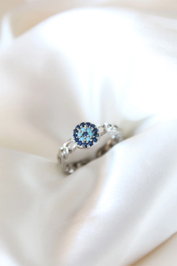 Zirkon Taşlı Nazarlı Gümüş Kaplama Kadın Yüzük - TJ-BYK2318 ürün görseli