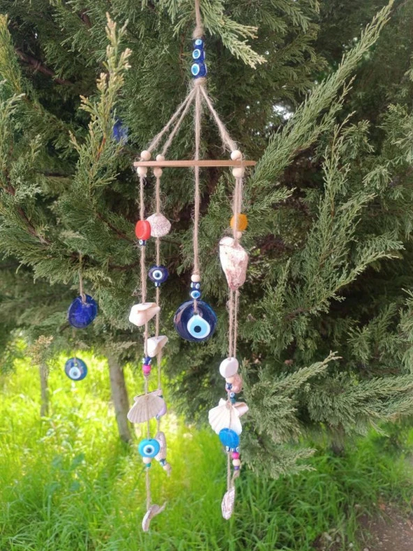 Rüzgar Çanı Nazar Boncuklu Hasır Kötü Göz Kovucu Deniz Kabuklu Duvar Süsü - 2