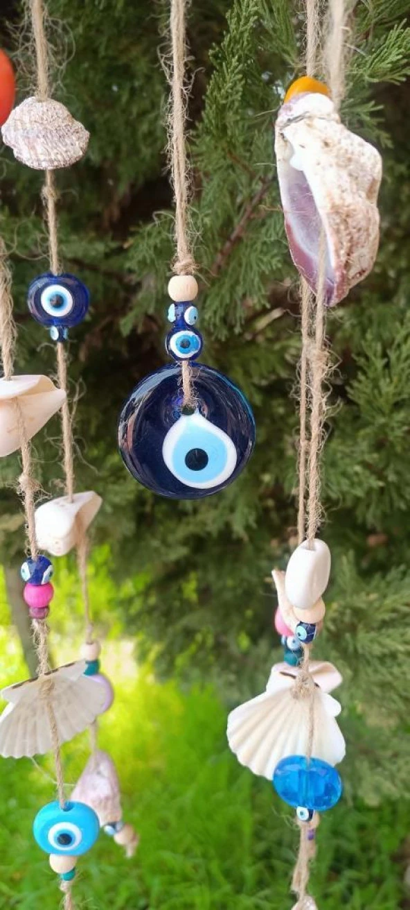 Rüzgar Çanı Nazar Boncuklu Hasır Kötü Göz Kovucu Deniz Kabuklu Duvar Süsü - 3