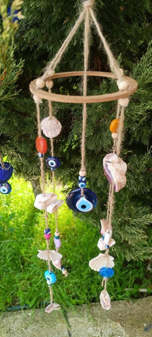 Rüzgar Çanı Nazar Boncuklu Hasır Kötü Göz Kovucu Deniz Kabuklu Duvar Süsü - 4