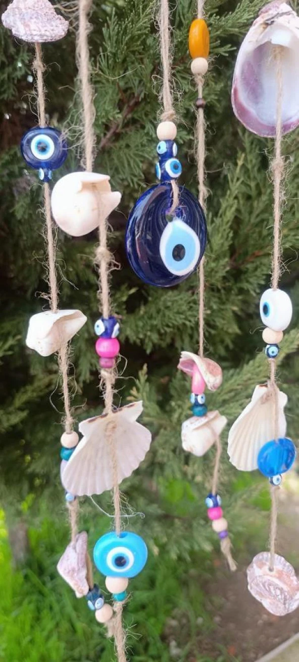 Rüzgar Çanı Nazar Boncuklu Hasır Kötü Göz Kovucu Deniz Kabuklu Duvar Süsü - 5