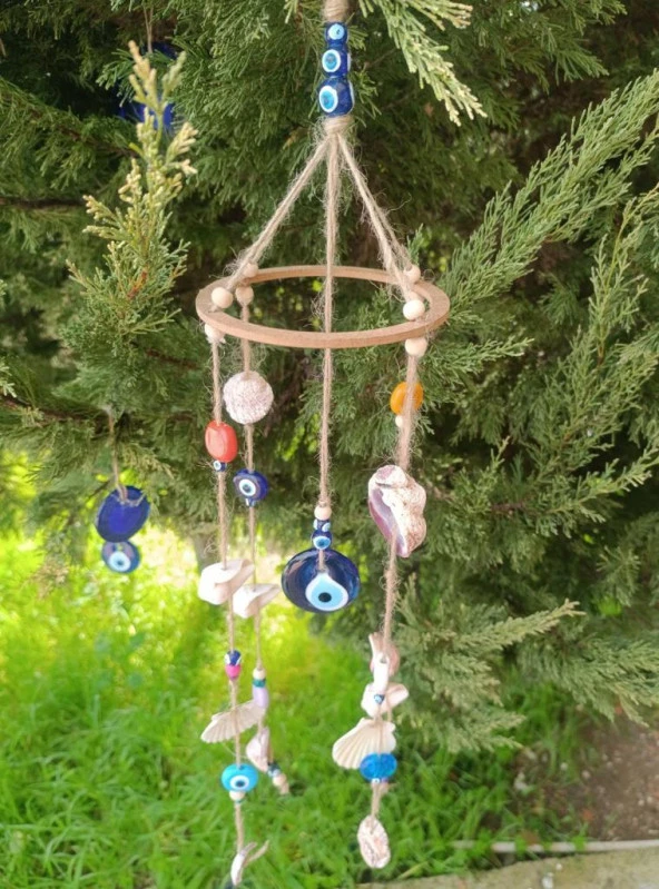 Rüzgar Çanı Nazar Boncuklu Hasır Kötü Göz Kovucu Deniz Kabuklu Duvar Süsü - 8