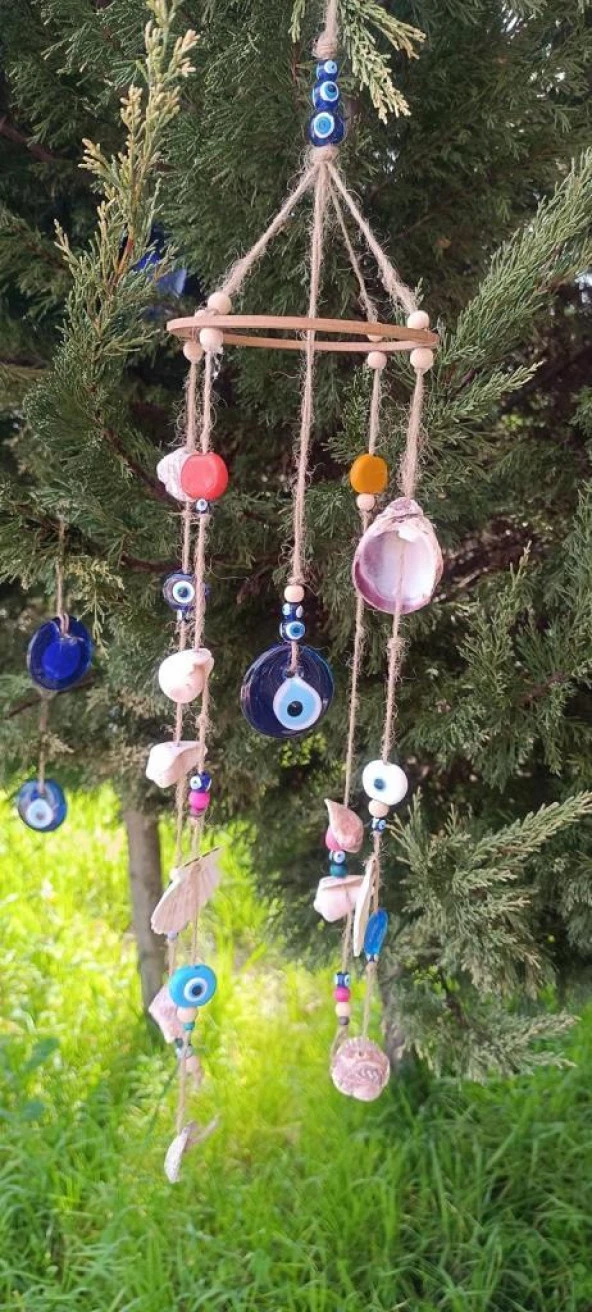 Rüzgar Çanı Nazar Boncuklu Hasır Kötü Göz Kovucu Deniz Kabuklu Duvar Süsü - 10