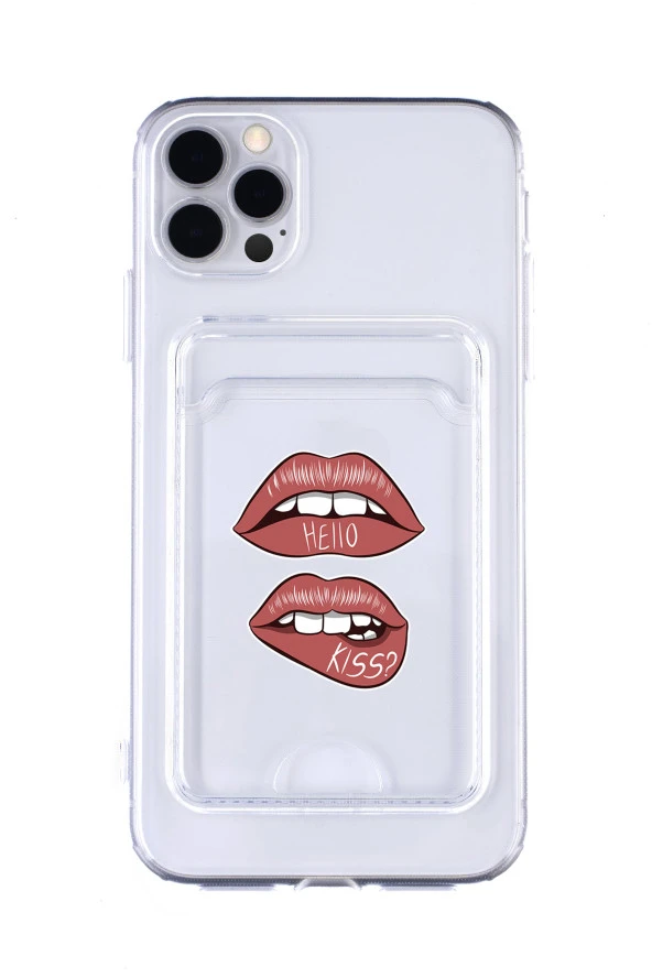 iPhone 11 Pro Max Uyumlu Hello Kiss Desenli Şeffaf Kamera Korumalı ve Kartlıklı Telefon Kılıfı