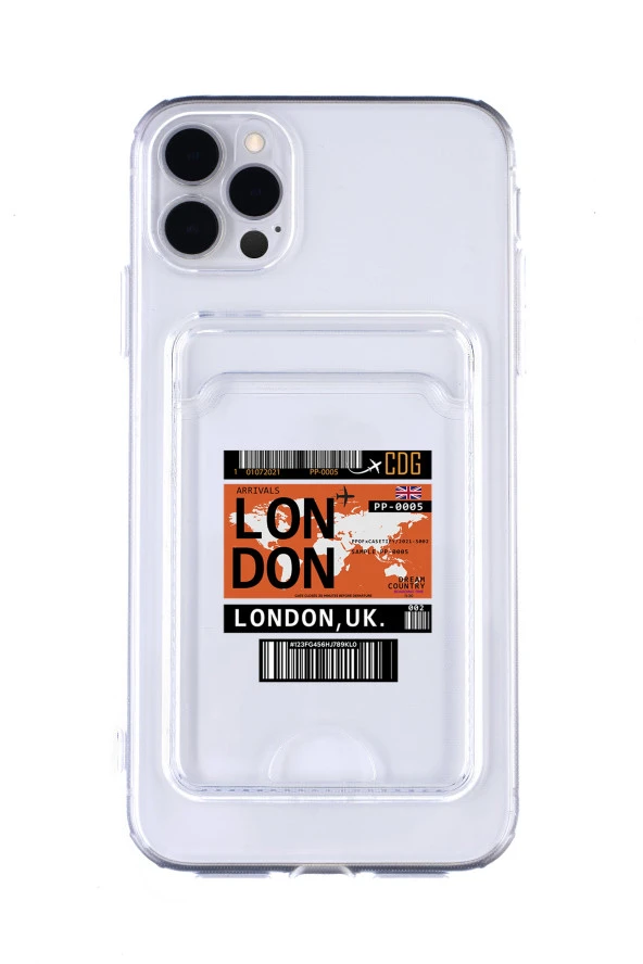 iPhone 12 Pro Uyumlu London Ticket Desenli Şeffaf Kamera Korumalı ve Kartlıklı Telefon Kılıfı ürün görseli 1