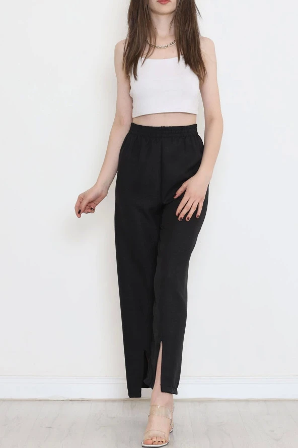 Paça Yırtmaçlı Keten Pantolon Siyah - 2