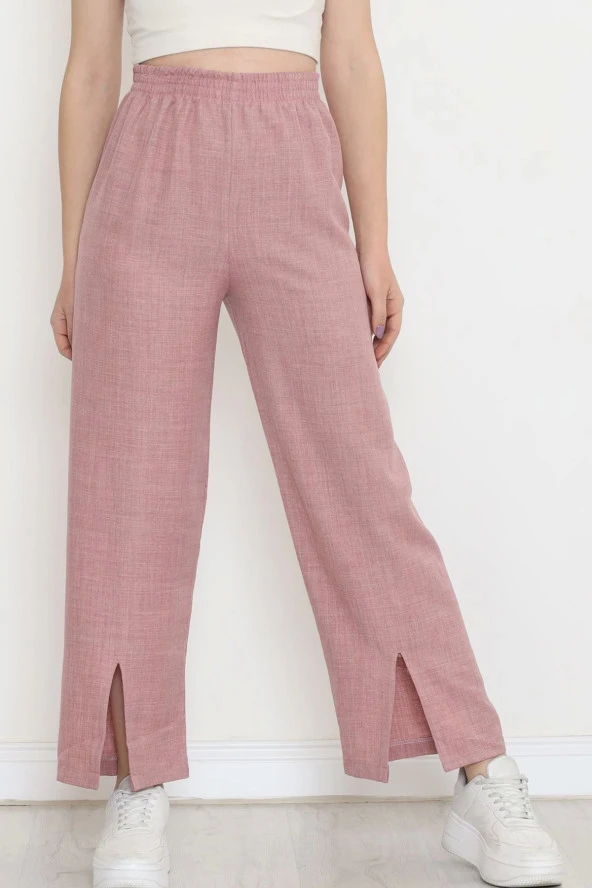 Paça Yırtmaçlı Keten Pantolon Pembe