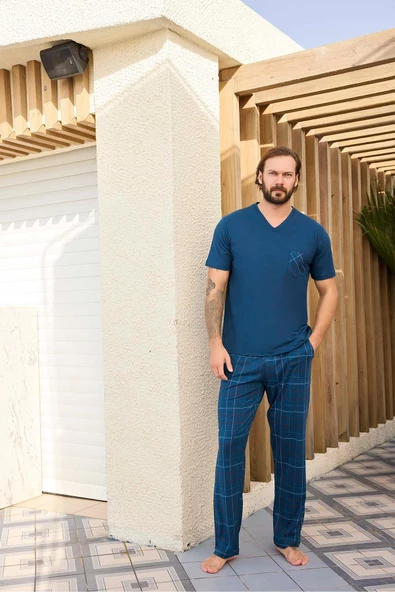 Aydoğan Erkek Tuna Kısa Kol Cotton Petrol Pijama Takımı 240322 - 2