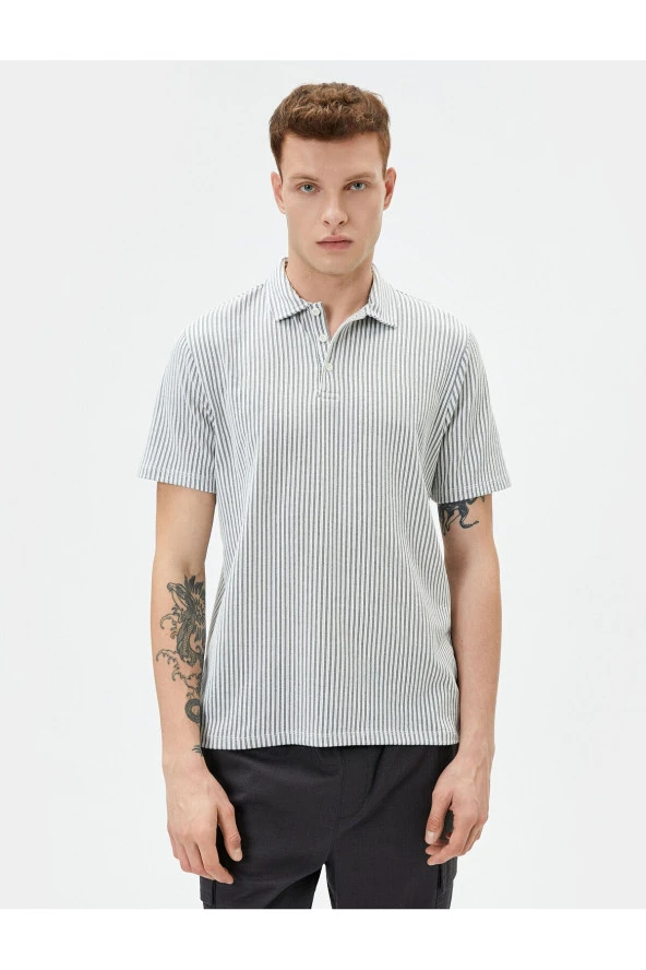 Polo Yaka Tişört Kısa Kollu Düğme Detaylı - Resim 3