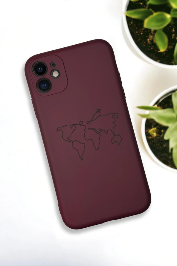 iPhone 11 Uyumlu Dünya Harita Rota Desenli Premium Silikonlu Bordo Lansman Telefon Kılıfı