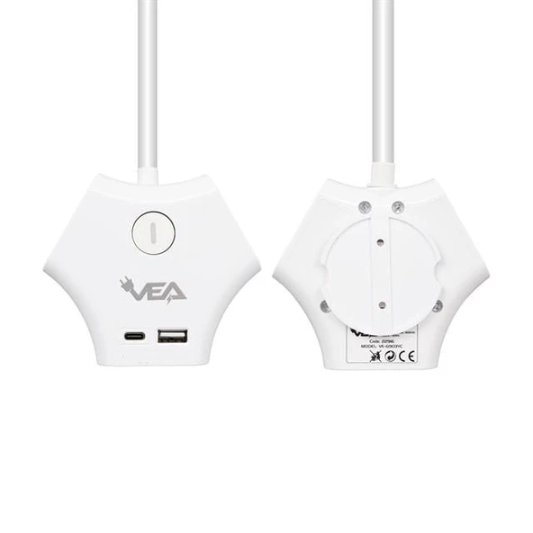 VEA 2 Adet Usb 1 Adet Type-C Girişli 3680 Watt 16 Amper 1.5 Metre Kablolu Anahtarlı Çoklu Priz Golyat Fiş - 6