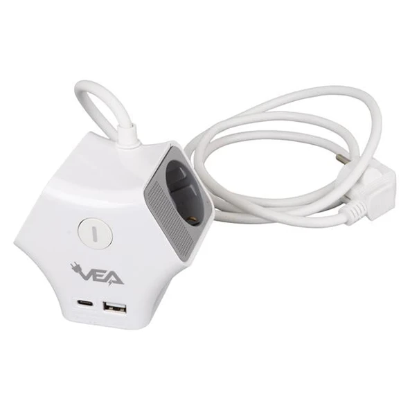 VEA 2 Adet Usb 1 Adet Type-C Girişli 3680 Watt 16 Amper 1.5 Metre Kablolu Anahtarlı Çoklu Priz Golyat Fiş - 7