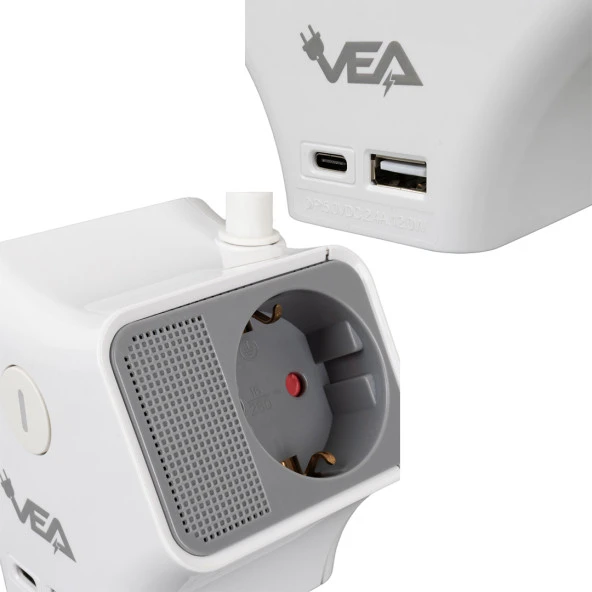 VEA 2 Adet Usb 1 Adet Type-C Girişli 3680 Watt 16 Amper 1.5 Metre Kablolu Anahtarlı Çoklu Priz Golyat Fiş - 3