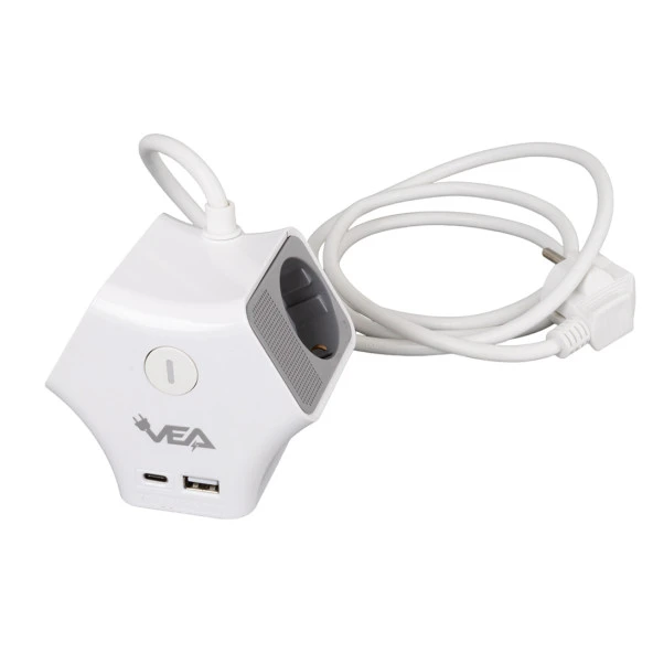 VEA 2 Adet Usb 1 Adet Type-C Girişli 3680 Watt 16 Amper 1.5 Metre Kablolu Anahtarlı Çoklu Priz Golyat Fiş - 4