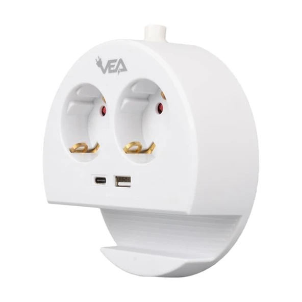 VEA  2'Lİ Telefon Standlı 1 Adet Usb 1 Adet Type-C Girişli 3680 Watt 16 Amper 1.5 Metre Kablolu Anahtarlı Çoklu Priz Golyat Fiş Priz - 8