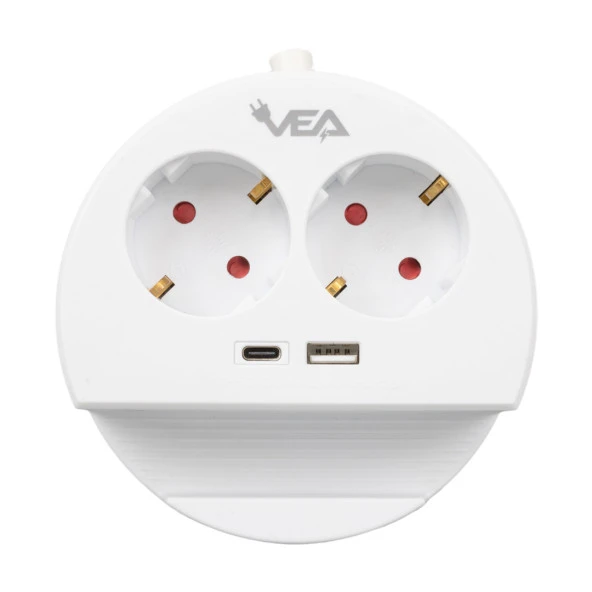 VEA  2'Lİ Telefon Standlı 1 Adet Usb 1 Adet Type-C Girişli 3680 Watt 16 Amper 1.5 Metre Kablolu Anahtarlı Çoklu Priz Golyat Fiş Priz